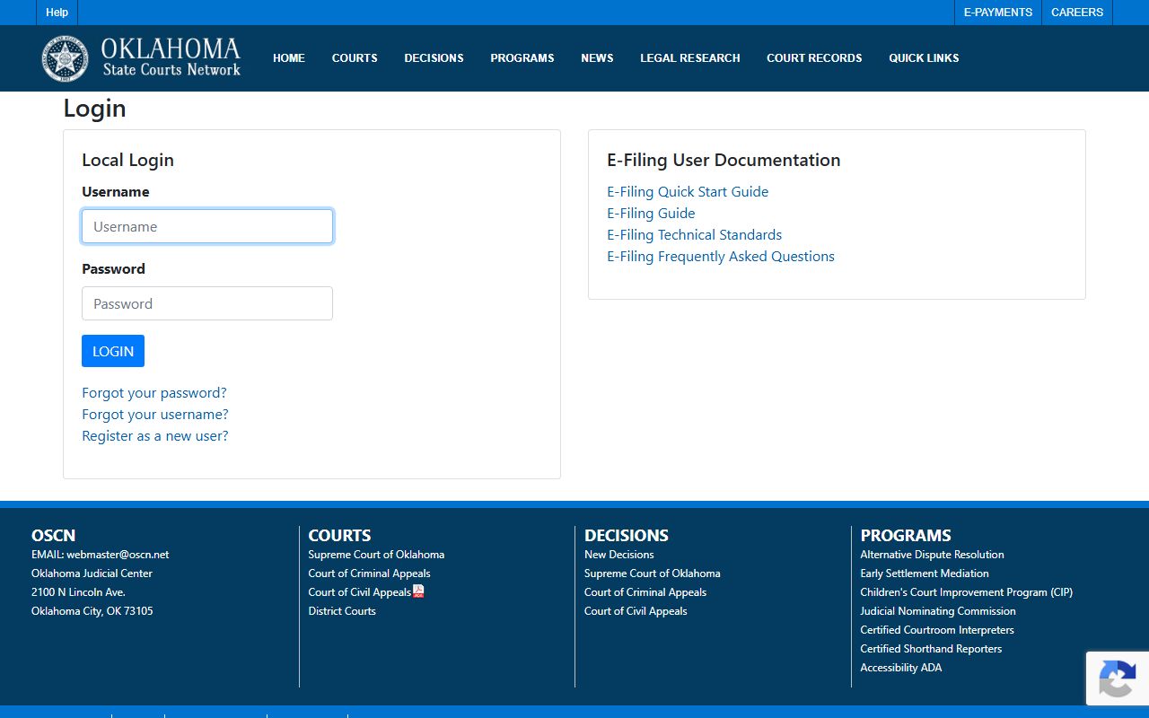 Garvin County court records Oklahoma e-filing portal login