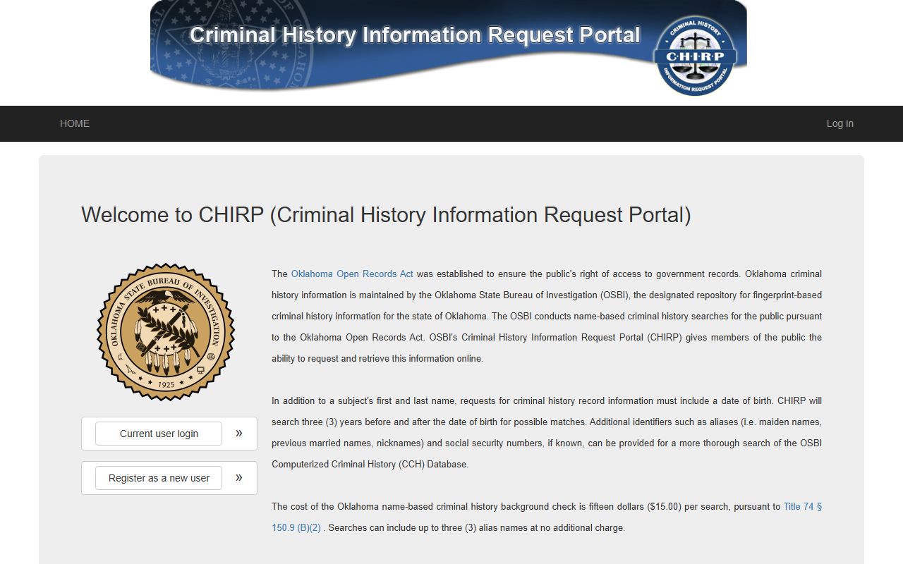 Garvin County criminal court records search through the OSBI CHIRP portal