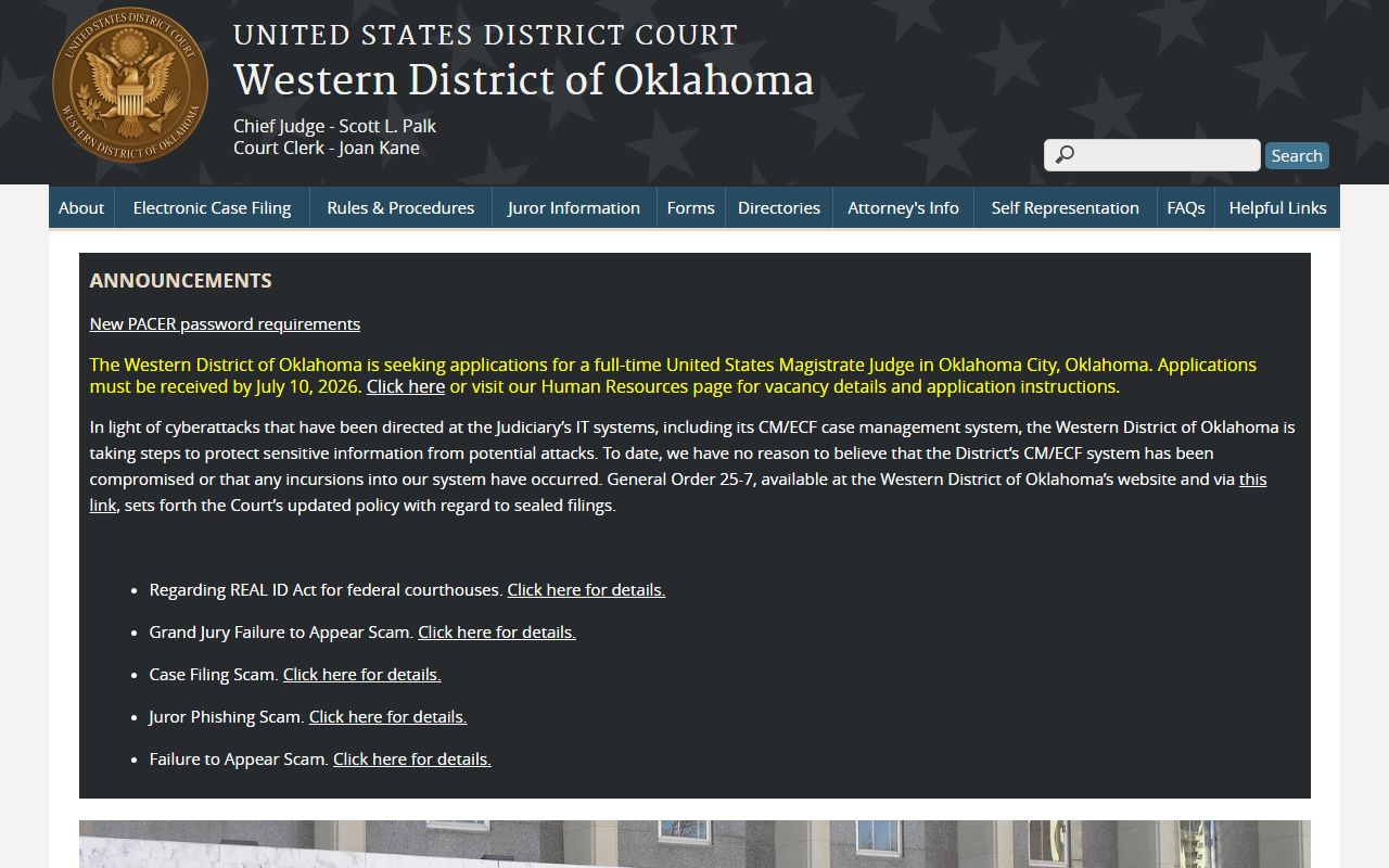 Garvin County District Court federal distinction, U.S. District Court for the Western District of Oklahoma homepage