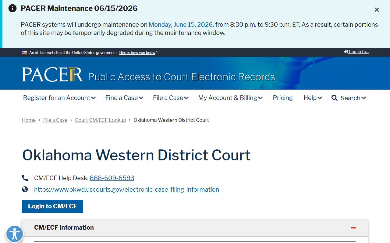 Garvin County District Court federal distinction, PACER OKWDC court lookup for the Western District of Oklahoma