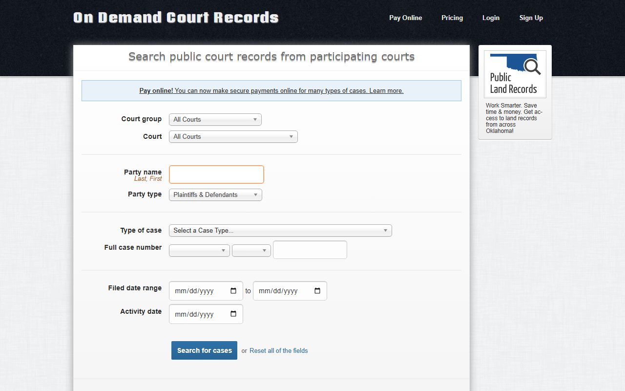 ODCR search filters for Garvin County court records by case type