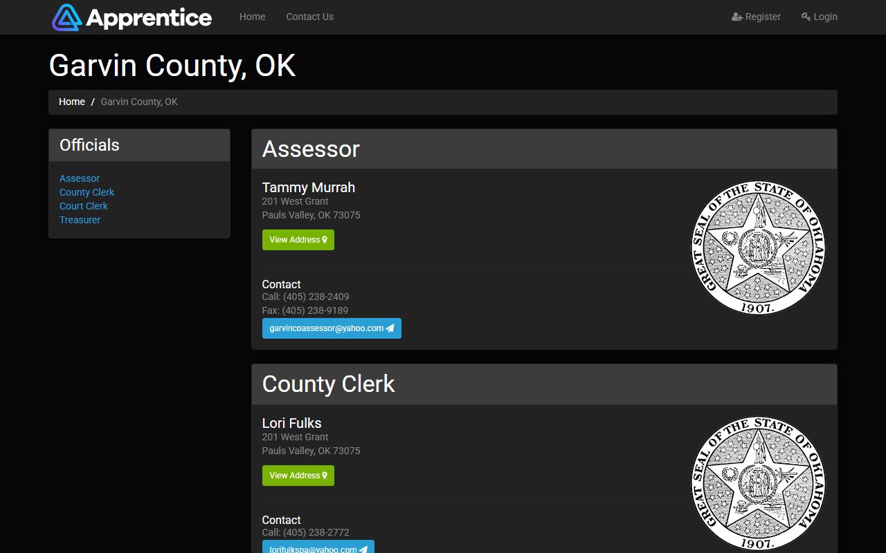 Garvin County officials directory for court records contacts